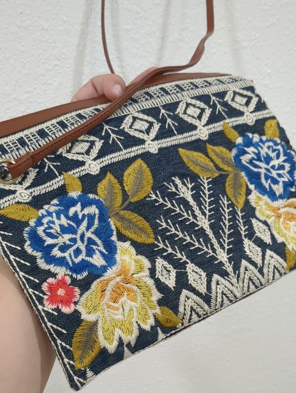 JOHNNY WAS Hand-Embroidered Floral Crossbody Bag with Tassel - Denim and Brown - Picture 6 of 12